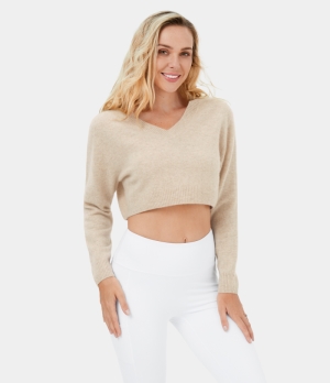 Halara 100% Cashmere V Neck Cropped Sweater Women's Tops Oatmeal Khaki | ZWNBYKD-94