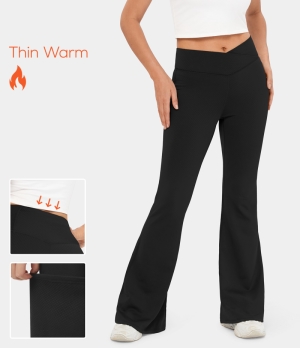 Halara 3D Fleece Crossover High Waisted Back Pocket Super Flare Fleece Yoga Women's Leggings Black | 714360-GJX