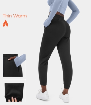 Halara 3D Fleece Elastic Waistband Drawstring Side Pocket Fleece Casual Women's Jogger Black | 678591-RYZ