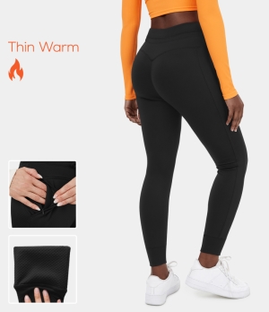 Halara 3D Fleece High Waisted Drawstring Side Pocket Plain Fleece Full Length Women's Jogger Black | 401689-WVR