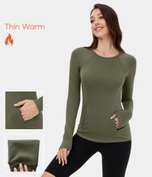 Halara 3D Fleece Round Neck Side Zip Pocket Fleece Bodycon Casual Sports Sweatshirt Women's Tops Winter Moss | PKXYOCD-52