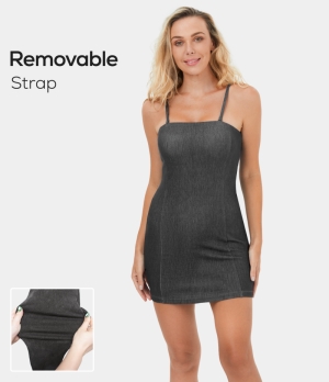 Halara Adjustable & Removable Strap Bodycon Stretchy Knit Denim Mini Casual Women's Dress Black | 568392-PJI