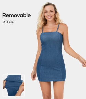 Halara Adjustable & Removable Strap Bodycon Stretchy Knit Denim Mini Casual Women's Dress Paeonia Ocean Blue | 765801-KCR
