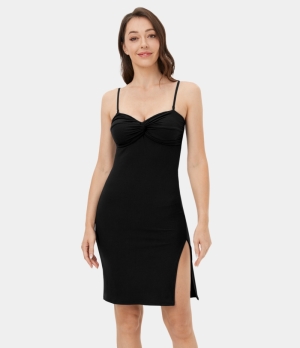 Halara Adjustable & Removable Strap Twisted Split Bodycon Mini Casual Women's Dress Black | 028735-DXC