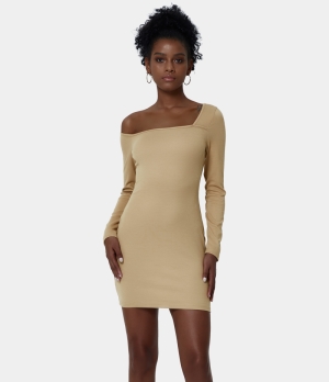 Halara Asymmetric Neck Long Sleeve Mini Bodycon Women's Dress Khaki | 475028-IDB