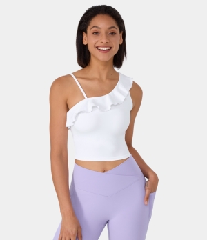 Halara Asymmetric Ruffle Cropped Barre Ballet Dance Tank Women's Tops White | WZASLBR-96