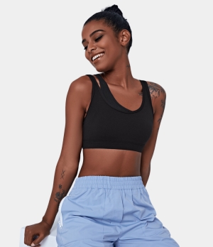 Halara Asymmetrical Neck Contrast Mesh Plain Tank Women's Tops Black | GKJFYWV-26