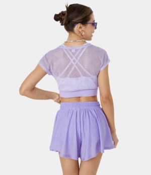 Halara Backless Contrast Mesh Crisscross Cropped Barre Ballet Dance Sports Women's Tops Pastel Lilac Oil Marbled | PHEGTJZ-75