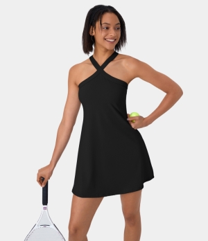 Halara Backless Crisscross 2-Piece Flared Mini Tennis Women's Dress Black | 514327-FSD