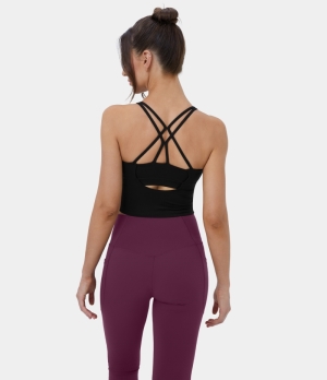 Halara Backless Crisscross Double Straps Cut Out Cropped Yoga Tank Women's Tops Black | UJWPNBS-86