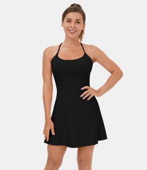 Halara Backless Crisscross Lace Up 2-Piece Side Pocket Mini Dance Women's Dress Black | 129635-LNC