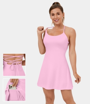 Halara Backless Crisscross Lace Up 2-Piece Side Pocket Mini Dance Women's Dress Pink Frosting | 592847-ZMO