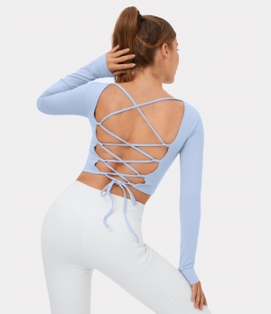 Halara Backless Crisscross Lace Up Cropped Dance Sports Women's Tops Light Steel Blue | JQDIVYN-12