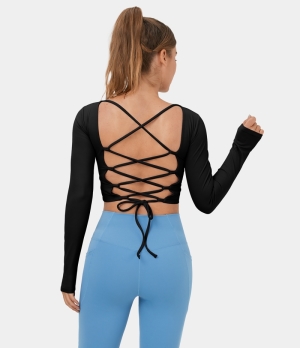 Halara Backless Crisscross Lace Up Cropped Dance Sports Women's Tops Black | LZTUOJP-60