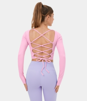 Halara Backless Crisscross Lace Up Cropped Dance Sports Women's Tops Pink Frosting | PDXASVF-82