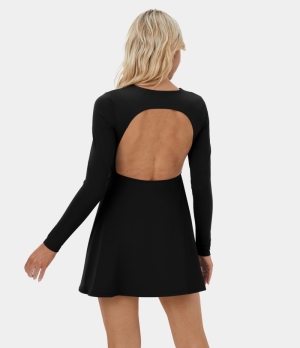 Halara Backless Cut Out Long Sleeve Flare Casual Mini Women's Dress Black | 975312-IZK