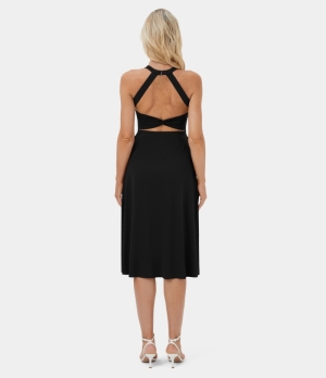 Halara Backless Cut Out Twisted Side Pocket Split Midi Casual Women's Dress Black | 021647-SGD