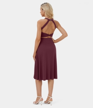 Halara Backless Cut Out Twisted Side Pocket Split Midi Casual Women's Dress New Maroon | 172509-WPE