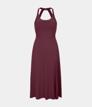 Halara Backless Cut Out Twisted Side Pocket Split Midi Casual Women's Dress New Maroon | 719230-WEP