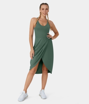 Halara Backless Racerback Split Asymmetric Hem Ruched Casual Midi-No Liner Shorts Women's Dress Blue Spruce | 036127-YCL