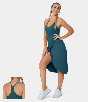 Halara Backless Racerback Split Asymmetric Hem Ruched Casual Midi-No Liner Shorts Women's Dress Indian Teal | 209187-LGX