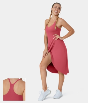 Halara Backless Racerback Split Asymmetric Hem Ruched Casual Midi-No Liner Shorts Women's Dress Desert Rose | 259413-LIE