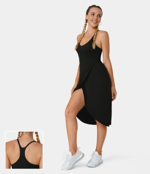 Halara Backless Racerback Split Asymmetric Hem Ruched Casual Midi-No Liner Shorts Women's Dress Black | 394860-WMC