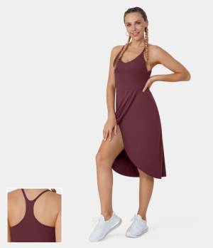 Halara Backless Racerback Split Asymmetric Hem Ruched Casual Midi-No Liner Shorts Women's Dress New Maroon | 684237-KMY