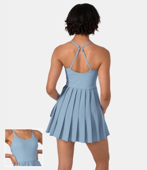 Halara Backless Side Pocket 2-Piece Pleated Barre Ballet Dance Women's Dress Soft Chambray | 210384-ZUJ