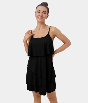 Halara Backless Tiered Ruffle Mini Barre Ballet Dance Women's Dress Black | 097518-GST