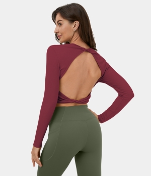 Halara Backless Twisted Cropped Casual Sports Women's Tops Ruby Wine | FIVWABG-50
