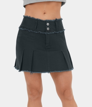 Halara Belted Button Zipper Back Pocket Ruched Raw Hem A Line Casual Women's Skirts Dark Grey | 568109-DFB