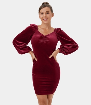 Halara Bishop Sleeve Plicated Bodycon Velvet Mini Casual Women's Dress Biking Red | 710342-PEH