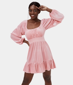 Halara Bishop Sleeve Tie Back Cut Out Ruffled Hem Velvet Casual Mini Women's Dress Barely There | 841579-CZW