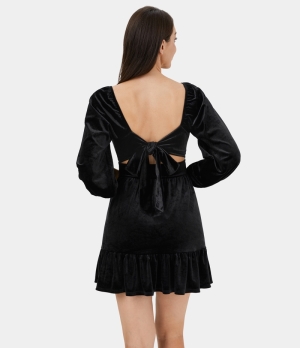 Halara Bishop Sleeve Tie Back Cut Out Ruffled Hem Velvet Casual Mini Women's Dress Black | 852901-TFG