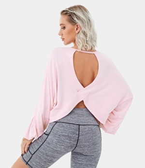 Halara Boat Neck Bishop Sleeve Cut Out Sports Sweatshirt Women's Tops Pink | JAQEBPK-71