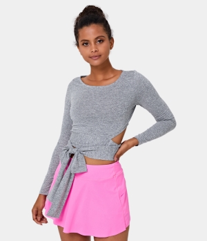 Halara Boat Neck Long Sleeve Cut Out Lace Up Sports Women's Tops Grey | GLHCOJN-67