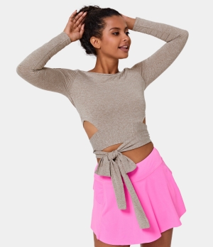 Halara Boat Neck Long Sleeve Cut Out Lace Up Sports Women's Tops Mink Ash | SHELUQD-37