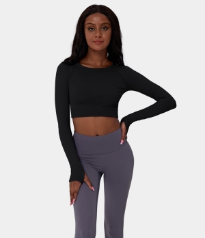 Halara Boat Neck Raglan Sleeve Thumb Hole Cropped Sports Women's Tops Black | DSERXMO-95