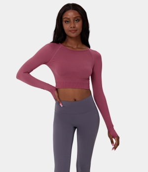 Halara Boat Neck Raglan Sleeve Thumb Hole Cropped Sports Women's Tops Raspberry | VBSWCQT-39