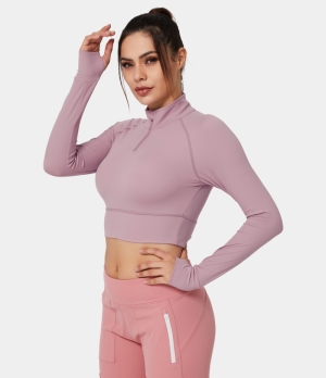 Halara Breathable Mock Neck Half Zip Thumb Hole Cropped Sports Women's Tops Putty Pink | PUOARKC-85