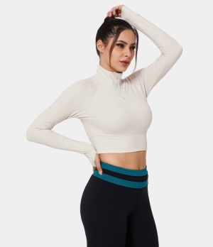 Halara Breathable Mock Neck Half Zip Thumb Hole Cropped Sports Women's Tops Ivory | TQJFKMY-94