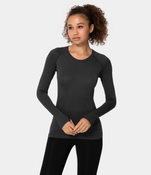 Halara Breathable Round Neck Thumb Hole Sports Women's Tops Black | BNXRJKO-50