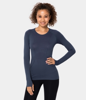 Halara Breathable Round Neck Thumb Hole Sports Women's Tops Blue Grey | OZECYWJ-48