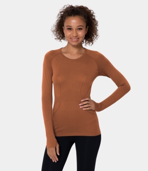 Halara Breathable Round Neck Thumb Hole Sports Women's Tops Brown | QJAURIG-60