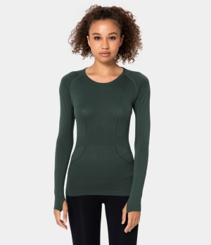 Halara Breathable Round Neck Thumb Hole Sports Women's Tops Grey Green | VMQYBNF-81