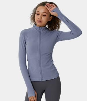 Halara Breathable Zipper Thumb Hole Sports Jacket Women's Tops Smoke Blue | XPCSWHU-49