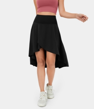 Halara Breezeful High Waisted Asymmetric Ruffle High Low 2-in-1 Dance Women's Skirts Black | 165742-TDR