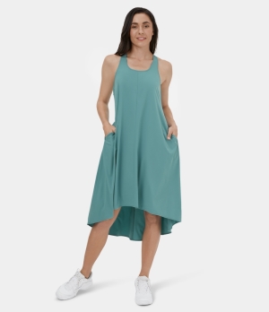 Halara Breezeful Racerback Side Pocket High Low Midi Casual Women's Dress Nile Blue | 598720-RBE