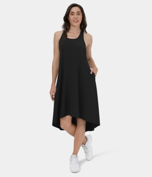 Halara Breezeful Racerback Side Pocket High Low Midi Casual Women's Dress Black | 953067-WZL